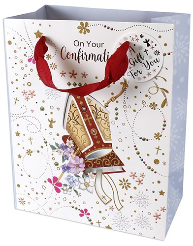 Confirmation Gift Bag with Gold Foil Detail, Grosgrain Ribbon Handles & Gift Tag, 23x18x10cm