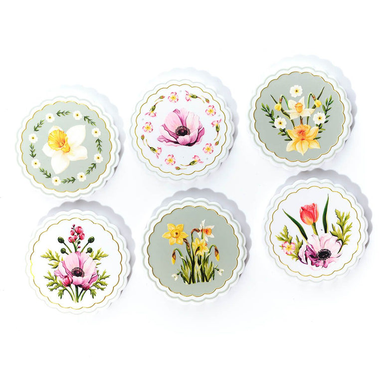 Floral Serenade Ceramic Coasters with 3D Raised Floral Detail & Gold Scalloped Edge Round Design