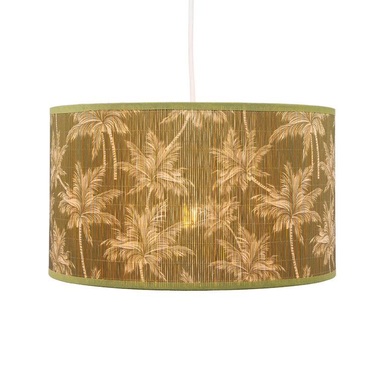 Bambou Drum Pendant Light Shade in Olive – Bamboo Leaf Design 12 Inch