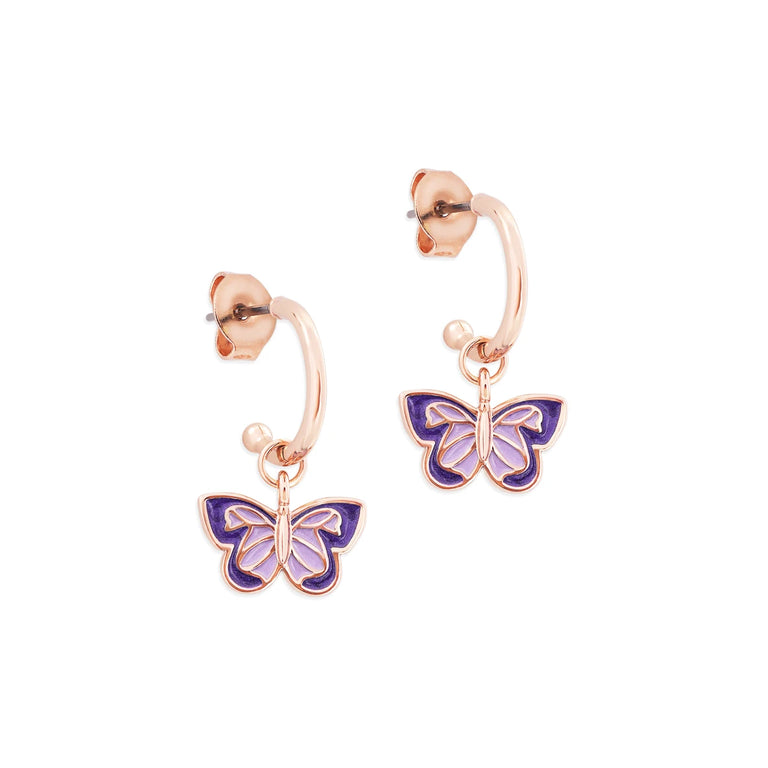 Tipperary Crystal Rose Gold Butterfly Loop Bar Earrings with Purple Enamel Jewellery