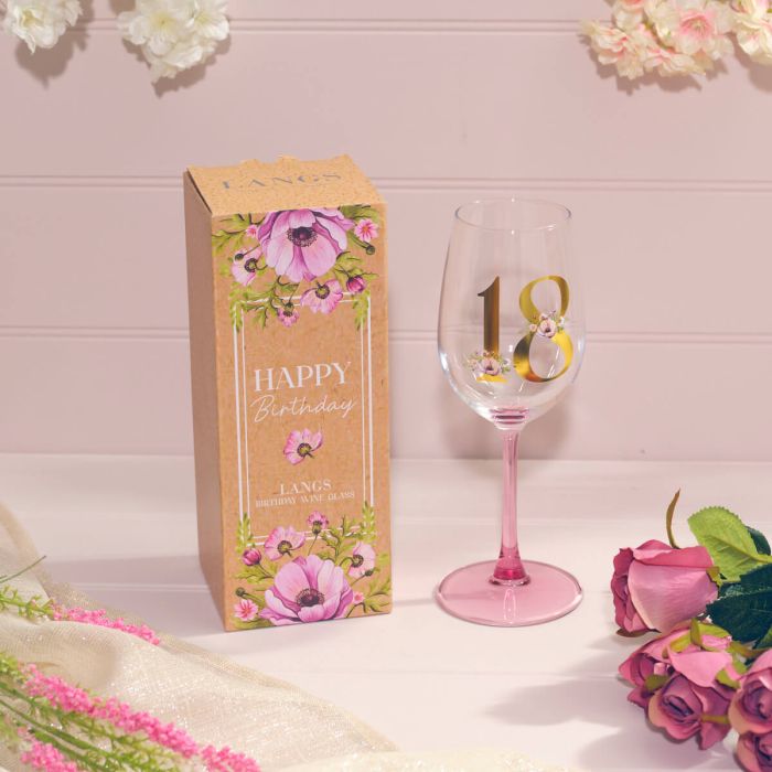 Floral Celebration Gold Print 18th Birthday Wine Glass with Pink Stem – Elegant Glassware Gift Box