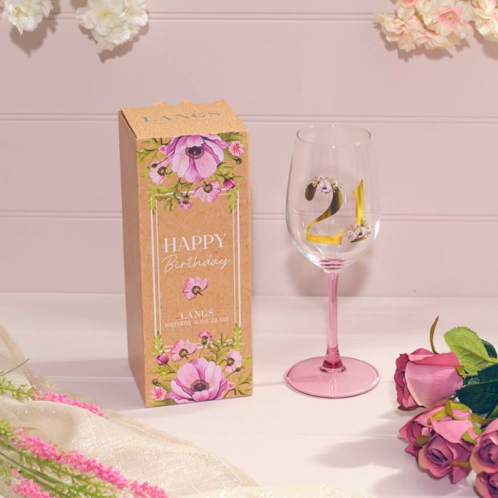Floral Celebration Gold Print 21st Birthday Wine Glass with Pink Stem – Birthday Gifts Collection