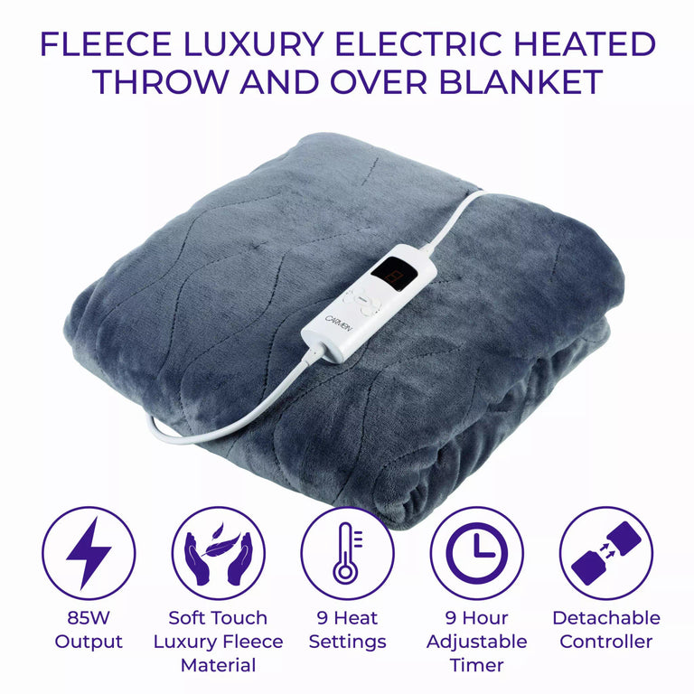 Carmen Luxury Fleece Heated Throw Electric Blanket with 9 Heat Settings, Timer & Washable Controller