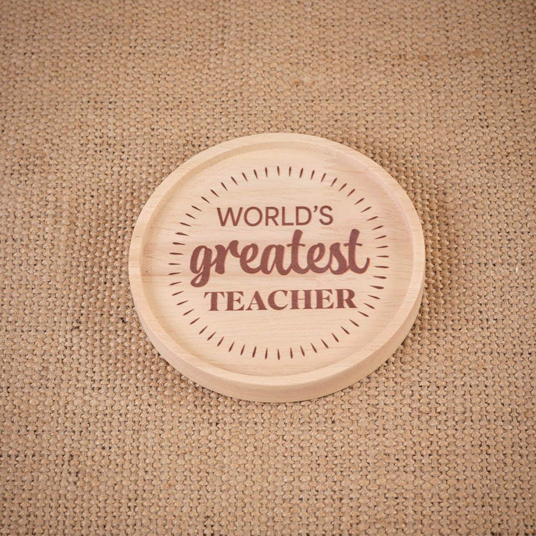 World’s Greatest Teacher Round Wood Lipped Coaster – Decorative Drink Coaster for Desks & Tables