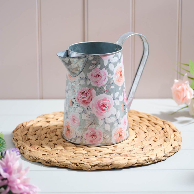 Cottage Garden Decorative Tin Jug with Floral Pattern – Vintage Style Centrepieces Décor (Decorative use only)