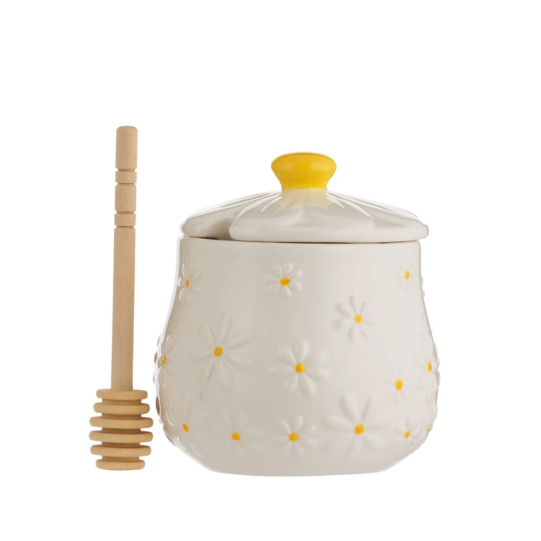 Price & Kensington Daisy Honey Pot And Drizzler Ceramic Serveware with Wooden Honey Dipper