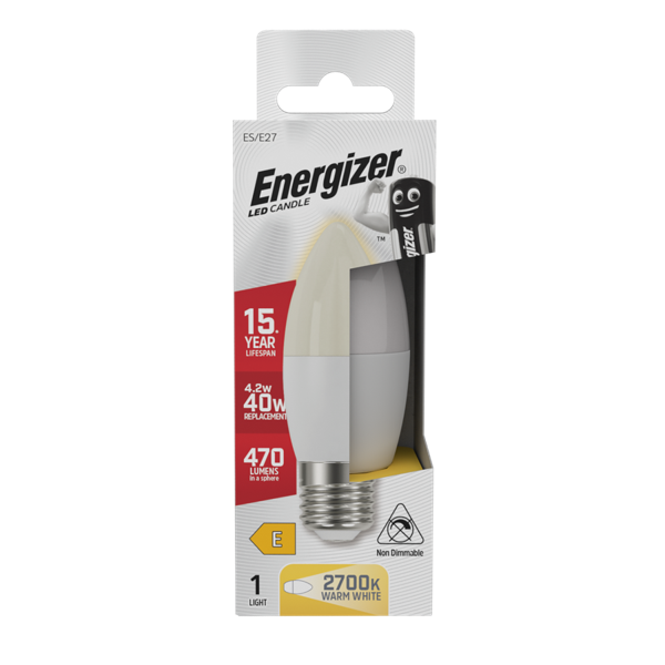 Energizer LED Bulb 4.2W E27 Candle Lamp 470 Lumens 2700K Warm White Opal Frosted Energy Saving Lighting