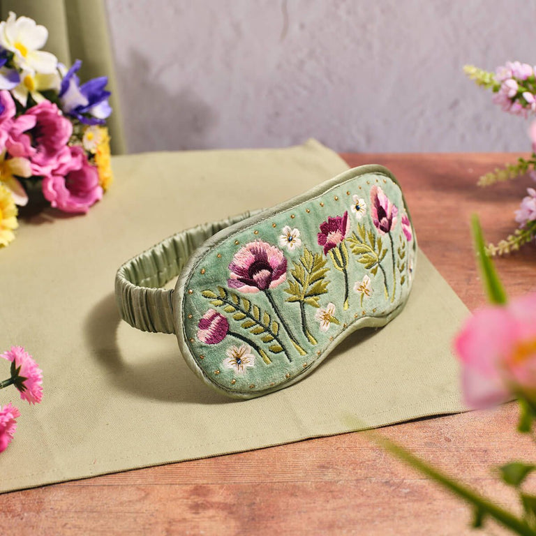 Floral Serenade Flower Velvet Eye Mask – Embroidered Light Green Sleep Mask for Travel, Comfort & Personal Care