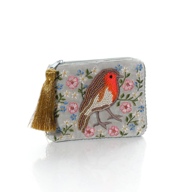 Garden Birds Embroidered Coin Purse with Beaded Robin, Floral Fabric Zip Pouch | General Accessories