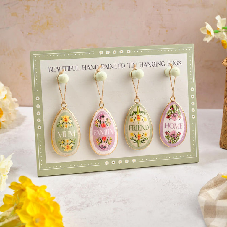 Floral Serenade Flower Egg Shaped Hanger Set with Pastel Designs & Decorative Stand