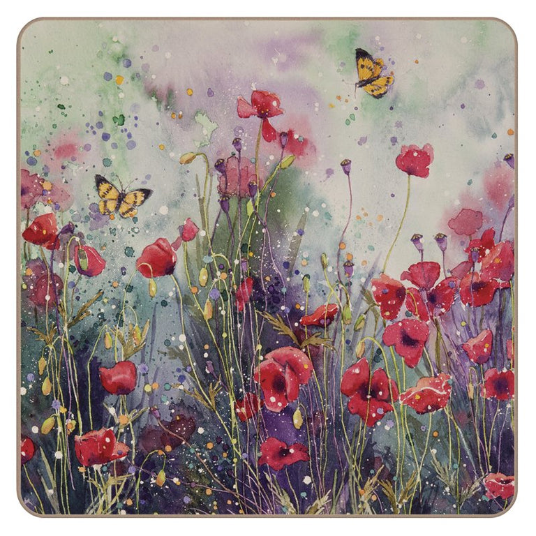 iStyle Poppy Field Coasters Set of 4 – Floral Cork Back Drink Coasters, Coasters and Placemats Collection