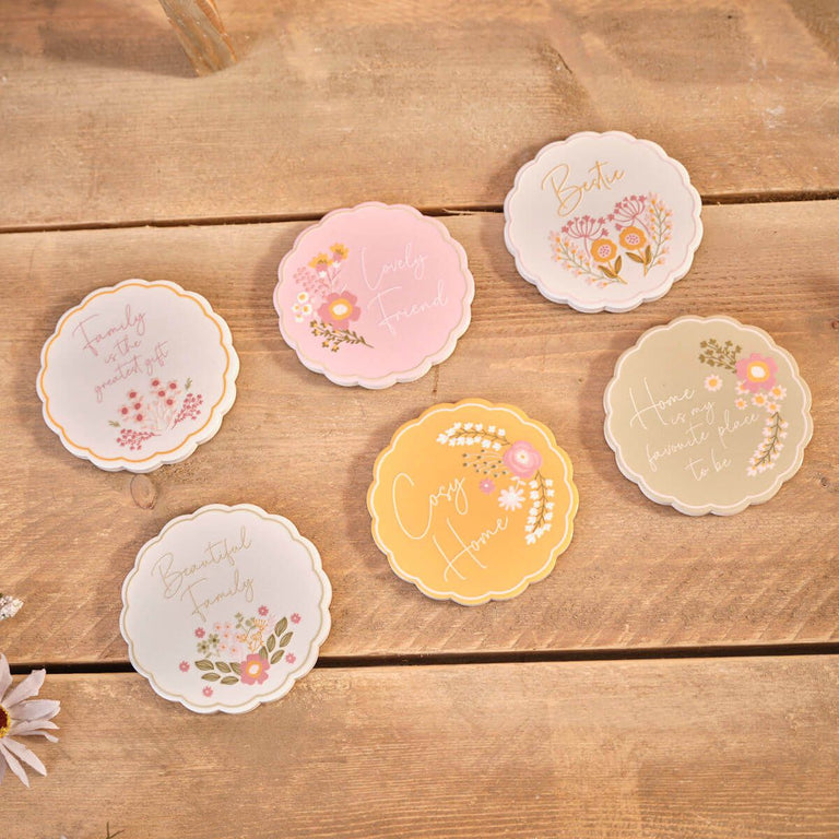 Ditsy Floral Ceramic Scalloped Edge Round Coaster Set of 6 Pastel Coasters and Placemats