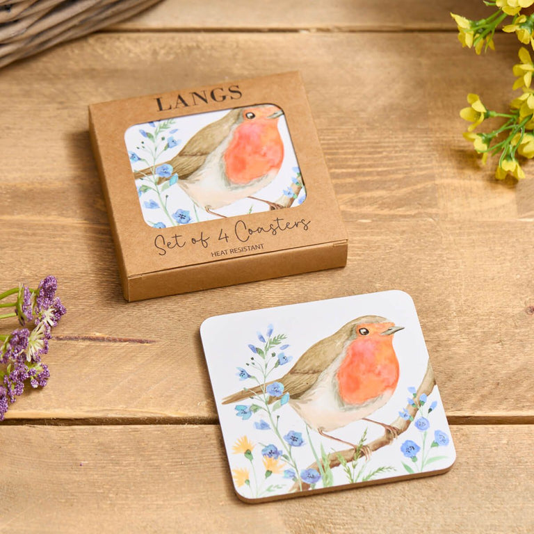 Robin Forget Me Not Coasters Set of 4 Heat Resistant Wooden Drink Coasters – Coasters and Placemats Home Decor