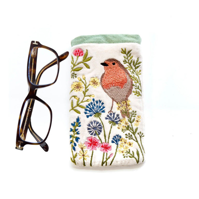 Robin Floral Embroidered Cotton Velvet Glasses Case Soft Protective Pouch General Accessories