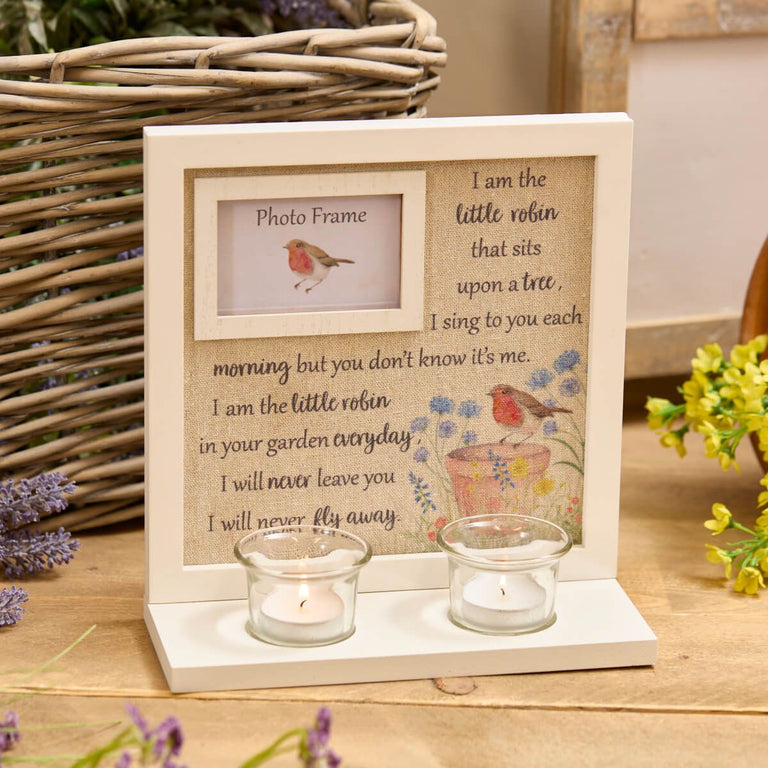 Robin Floral Sentiment Photo Frame with Double Tea Light Holder – Decorative Cream Wood Frame