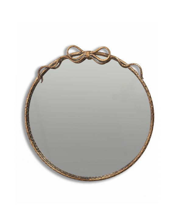 Medium Round Gold Hammered Metal Wall Mirror with Decorative Bow Accent for Living Room & Bedroom