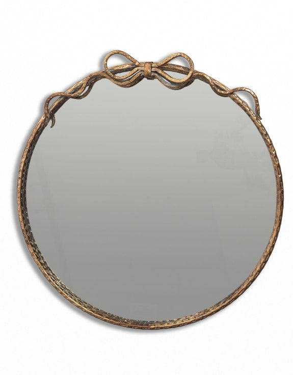 Large Round Gold Hammered Metal Wall Mirror with Decorative Bow – Vintage Style Accent Mirror
