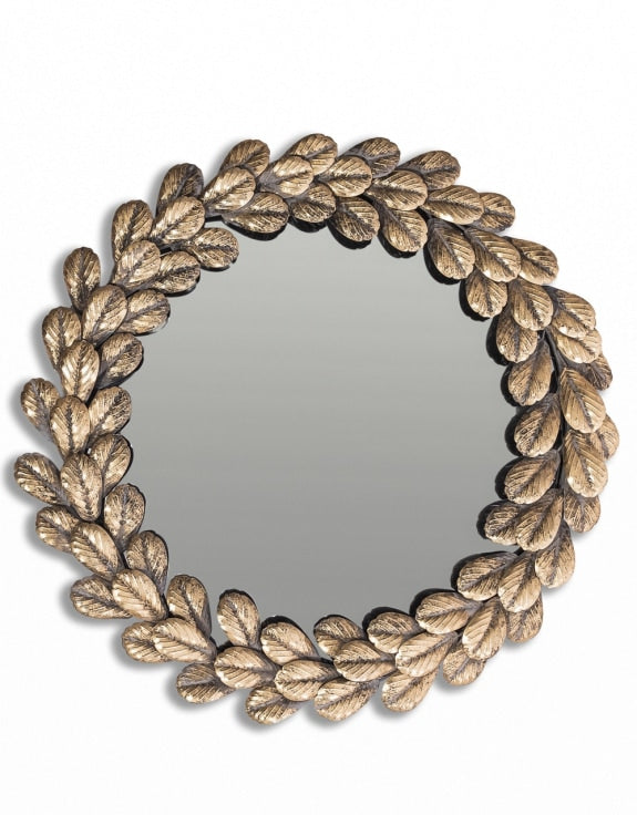 Antique Gold Roman Wreath Leaf Wall Mirror – Elegant Round Decorative Mirror for Living Room & Hallway