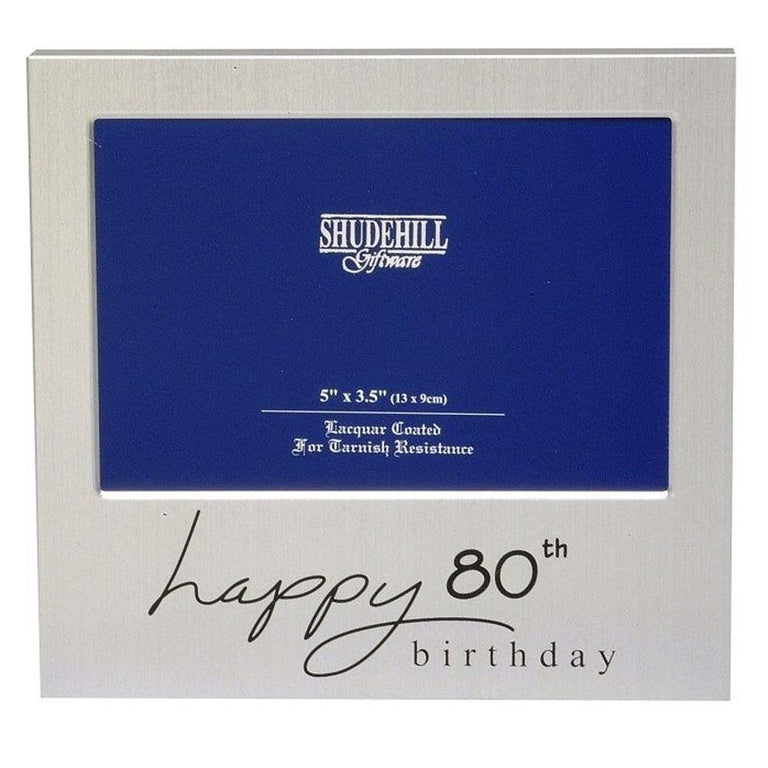 Shudehill Giftware Happy 80th Birthday Picture Frame – Brushed Aluminium Free Standing Photo Frame