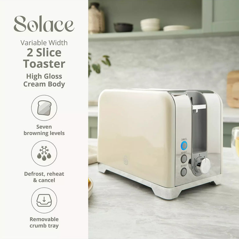Swan Solace 2 Slice Toaster in Cream and Stainless Steel with 7 Browning Levels | Kitchen Appliances