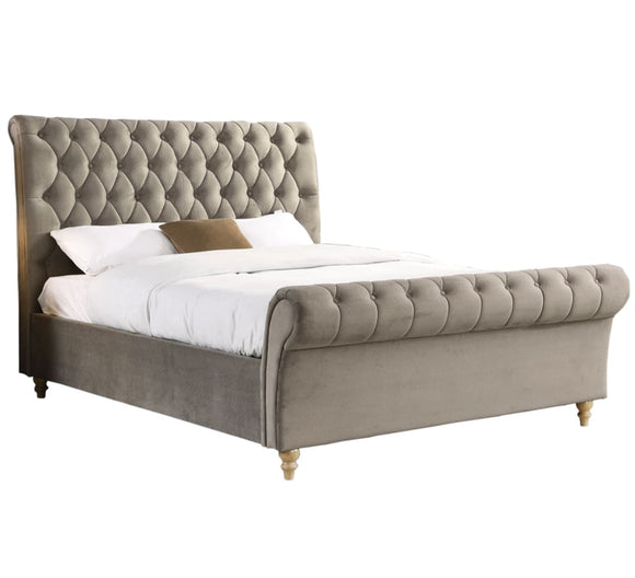 Elegant mink king size bed frame with fine velvet upholstery and button-back detail