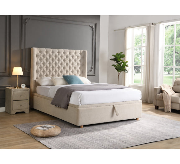 Hanna Double Bed showcasing its elegant design:  Elegant Beige Fabric Double Bed with 150cm Headboard 