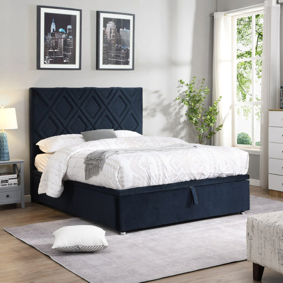 Navy Colm Double Bed with Diamond Pattern Velvet Upholstery 