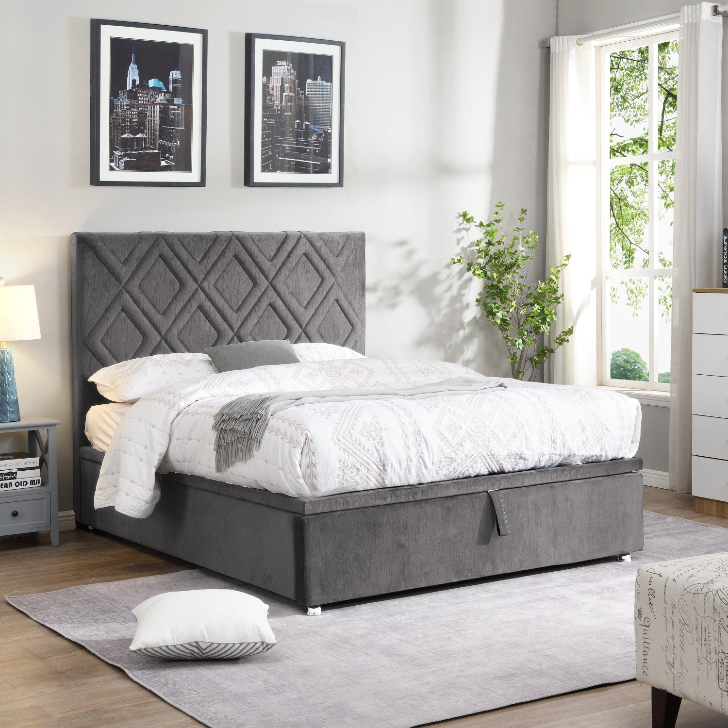 Gray upholstered king 2024 bed frame