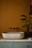 Ashes of Marigold No.350 by Little Greene, room setting with Perpetual Blue No.348
