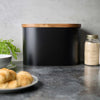 Denby Black Bread Bin With Acacia Lid in kitchen