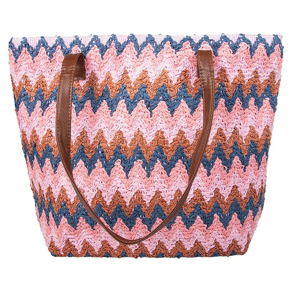 The Woven Zigzag Tote Bag in Pink and Blue is a stylish and vibrant accessory that adds a pop of color to your outfit. The intricate zigzag pattern, created with a combination of pink and blue threads, gives the bag a unique and eye-catching appeal. With its spacious interior and sturdy woven construction, this tote bag is perfect for carrying your essentials in style, whether you're heading to the beach, running errands, or going for a casual day out.