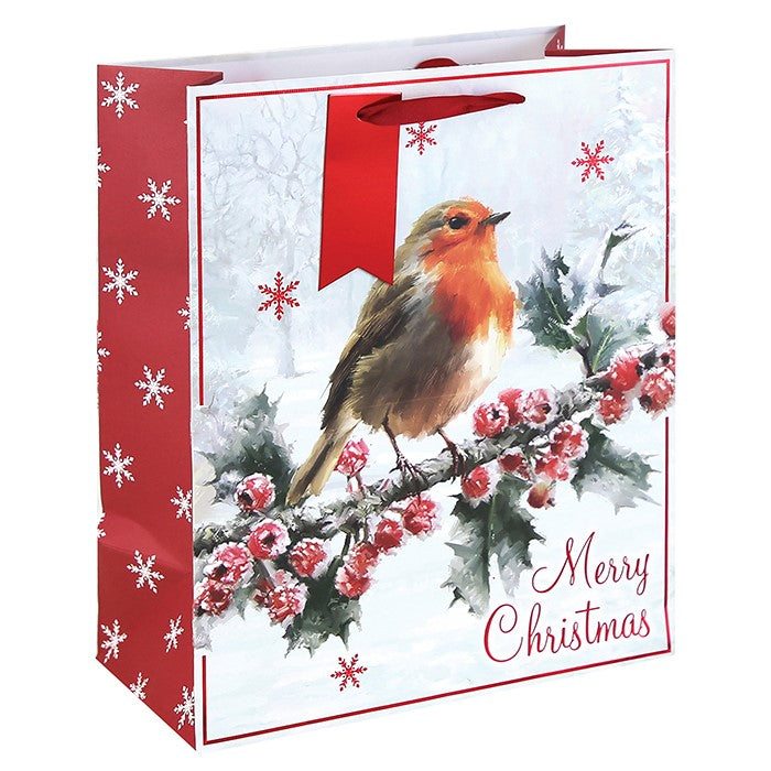 Traditional Robin White Kraft Christmas Gift Bag Large