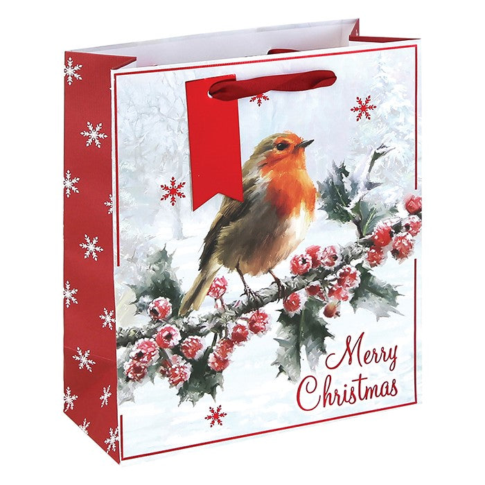 Traditional Robin White Kraft Christmas Gift Bag Medium