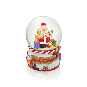 Visualize the magical scene within the Tipperary Crystal Santa Snow Globe, where Santa Claus, dressed in red, stands beside a snow-covered Christmas tree while snowflakes twirl around, creating a heartwarming Christmas ambiance.