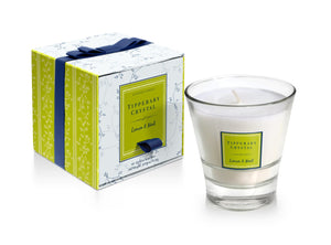 A visual representation of the Tipperary Crystal Lemon Mint Filled Tumbler Glass Candle, showcasing its elegant design and the refreshing aura it adds to any space.