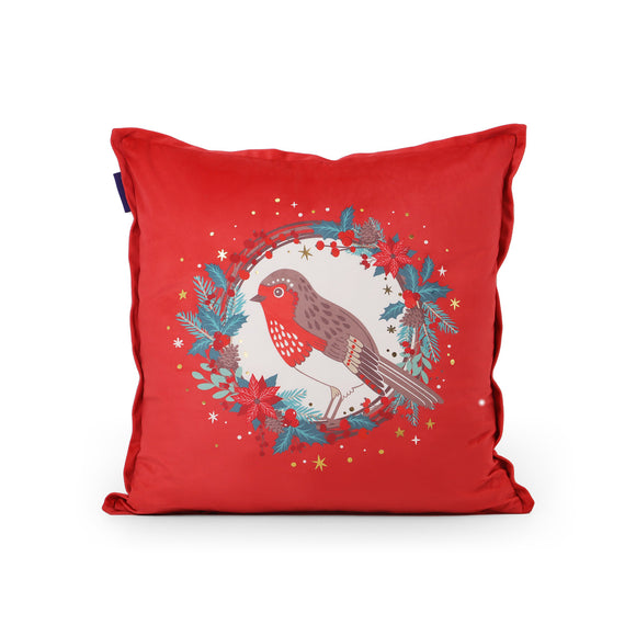 Visualize the cozy elegance of the Tipperary Crystal Christmas Cushion featuring a cheerful Robin design, enhancing your holiday home decor with comfort and style.