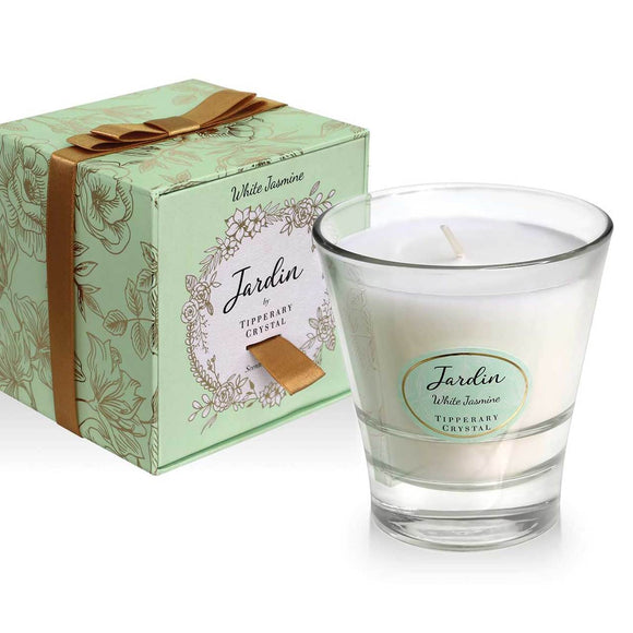 A visual of the elegant White Jasmine Jardin Collection Candle and its box, designed to create a tranquil atmosphere with its white jasmine fragrance.