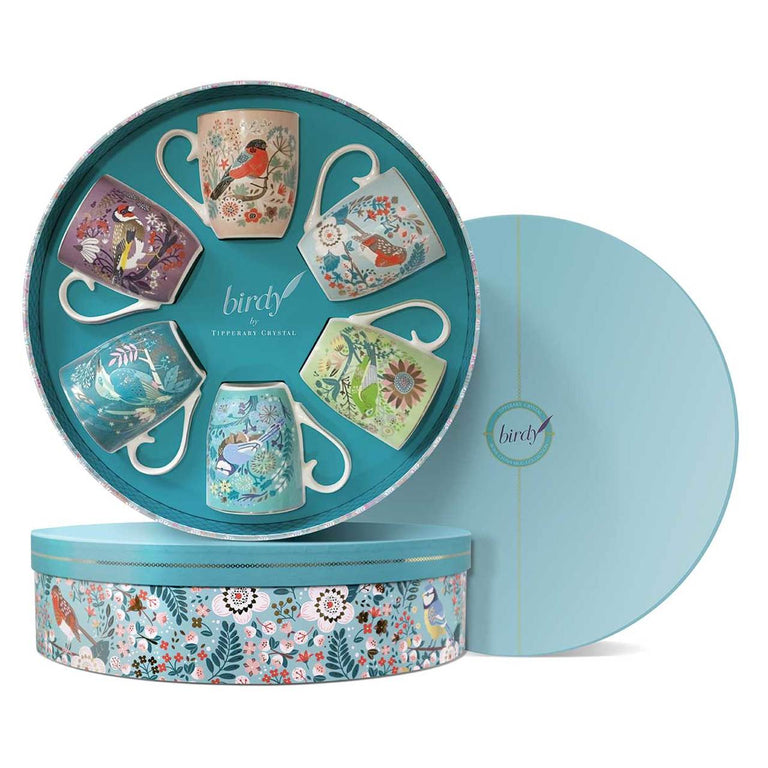 Tipperary Crystal Birdy Mugs Set of 6 in Hatbox