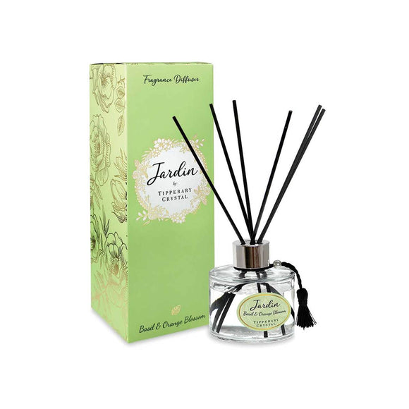 Visual representation of the Tipperary Crystal Basil Orange Jardin Collection Diffuser, showcasing its elegant glass bottle and natural reeds that create a fragrant ambiance.