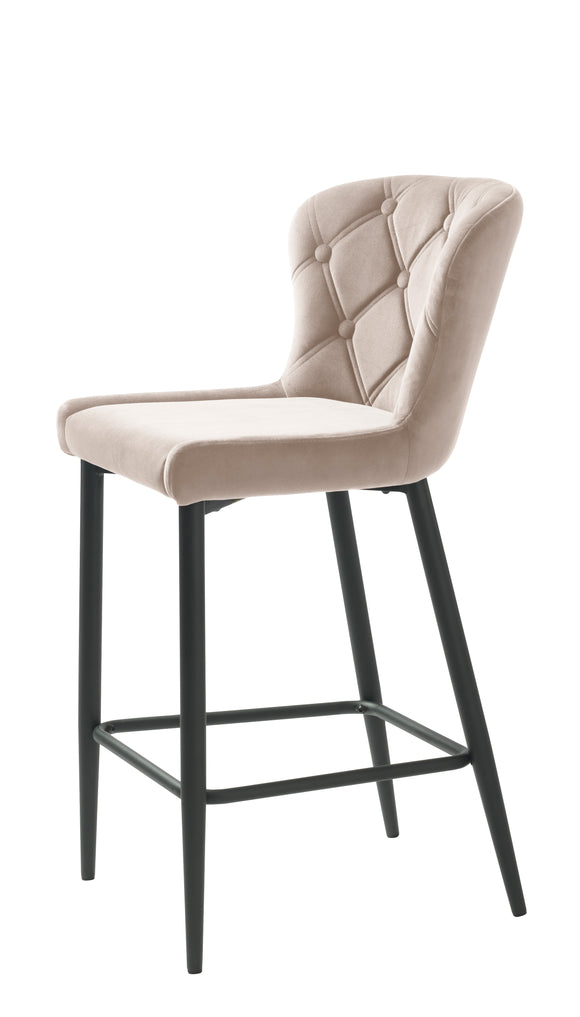 Taupe velvet counter stool with sleek black metal legs