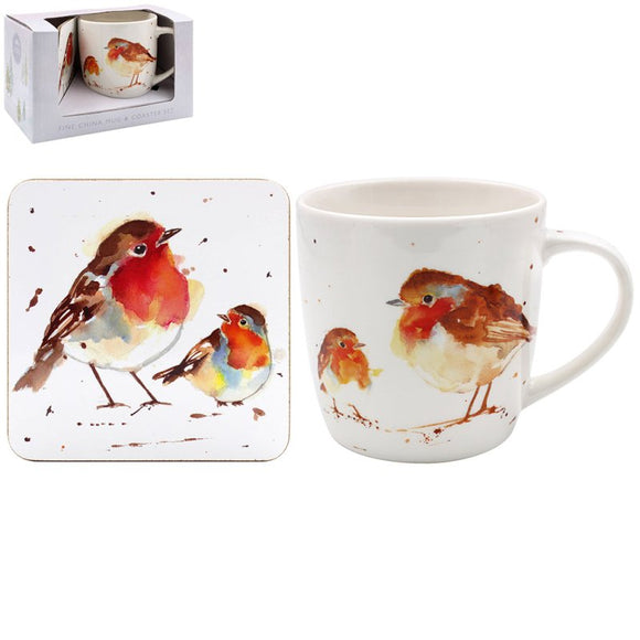 Lesser  Pavey Winter Robins Mug And Coaster
