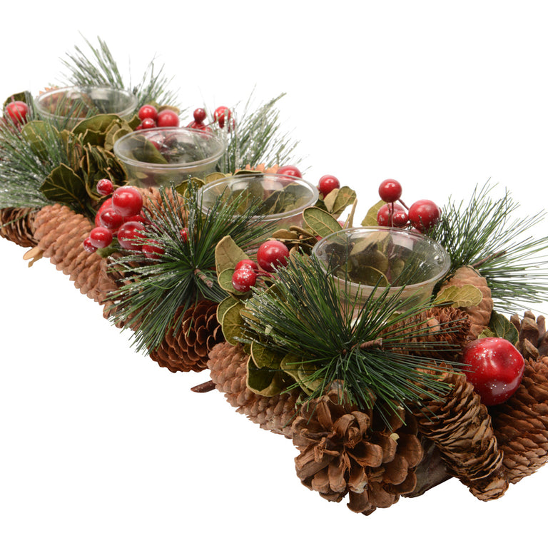 Tealightholder Pinecone Rectangular Berries and Pinegreen with 4 Glass Tealightholders