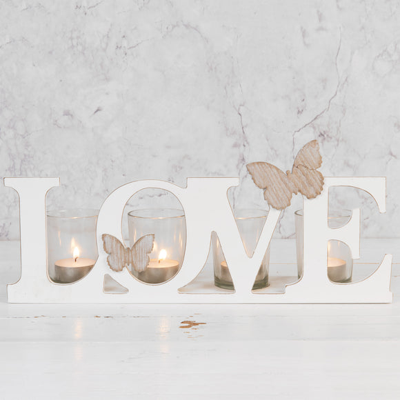 Hestia Wood Candle Holder CutOut Letters Love
