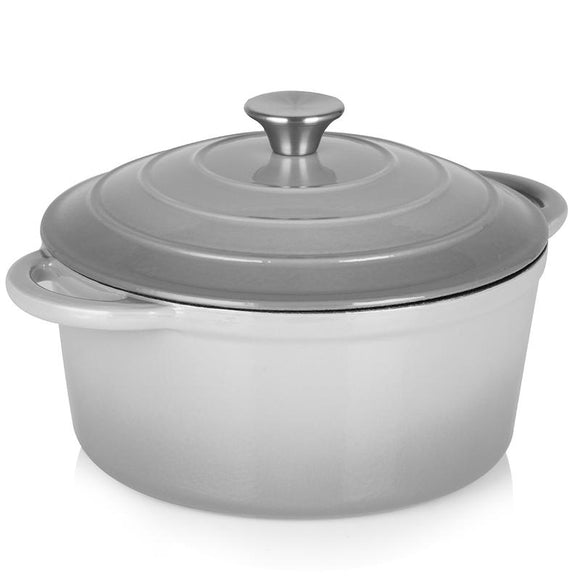 A visual representation of the Cast Iron Casserole Graduated Grey 26cm, showcasing its stylish graduated grey finish and secure-fitting lid for exceptional cooking.