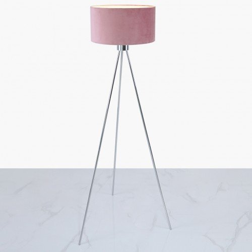 Chrome Tripod Floor Lamp with Pink Velvet Shade