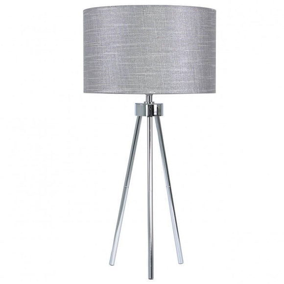 Chrome Tripod Table Lamp with Grey Linen Shade