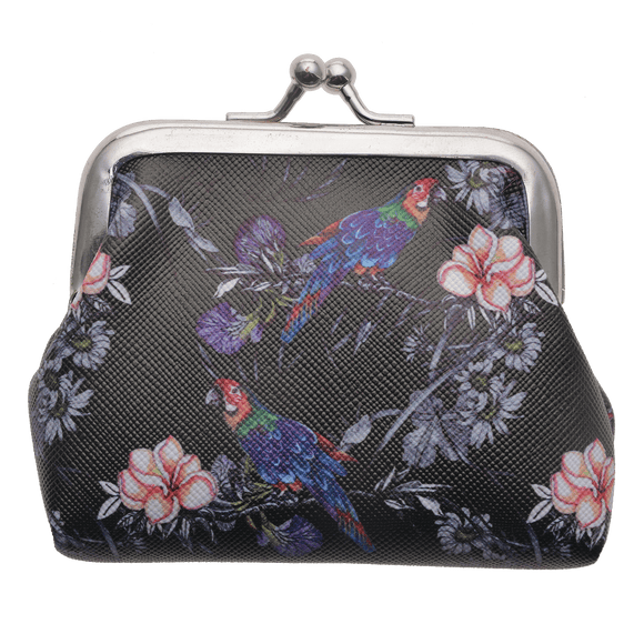 Black Parrot and Flowers Wallet Clip