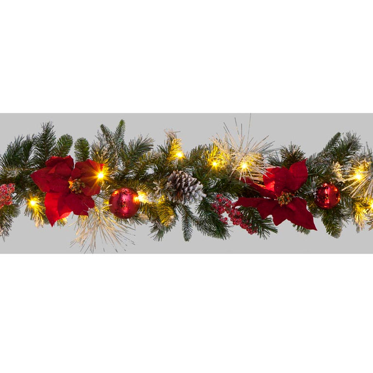 180cm Red Poinsettia Pinecone Ornament Flocked LED Garland