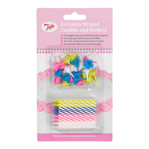 24 Candy Striped Candles And Holders
