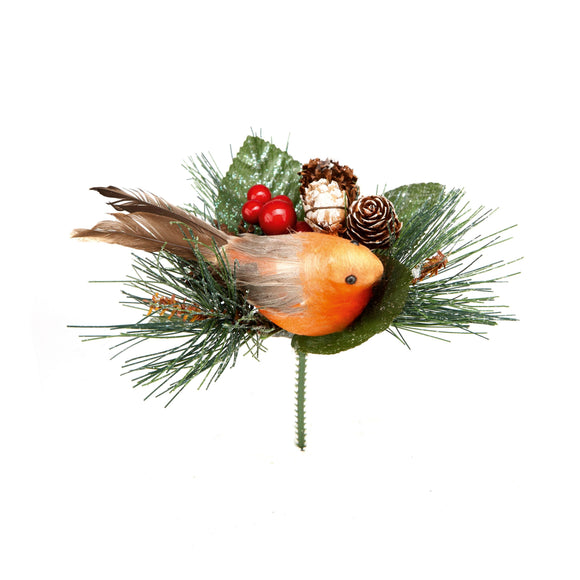 15cm Robin With Pine Cone Decoration